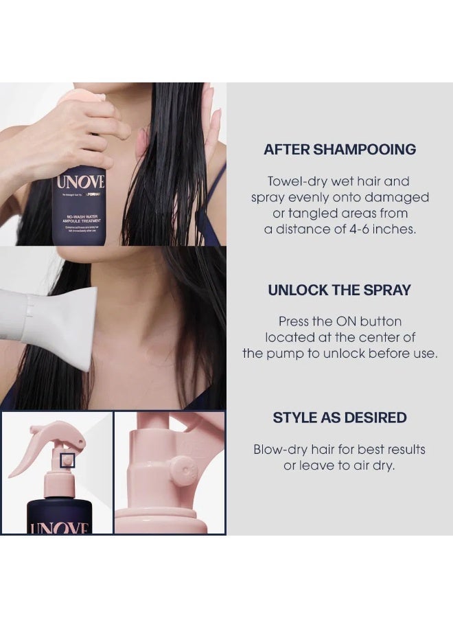 UNOVE No-Wash Water Ampoule Treatment 200ml | Deep Hydration & Repair for Damaged Hair | Lightweight Leave-In Formula | Frizz Control | Smooth, Silky Finish | Quick Hair Care Solution - Image 2